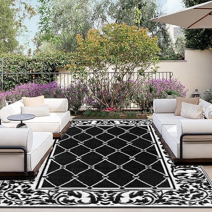 OutdoorLines Indoor Outdoor Rugs for Patio 5x8 ft - Reversible Outside Carpet, Stain & UV Resistant Portable RV Mats, Plastic Straw Rug for Camping, Pool Deck, Porch Rhombus Black & White