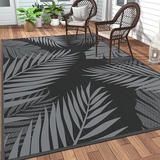 GENIMO Outdoor Rug 4' x 6' Waterproof for Patios Clearance, Reversible Outdoor Plastic Straw Camping Rug Carpet, Large Area Rugs Mats for RV, Camper, Deck, Balcony, Porch, Beach, Picnic, Black&Grey