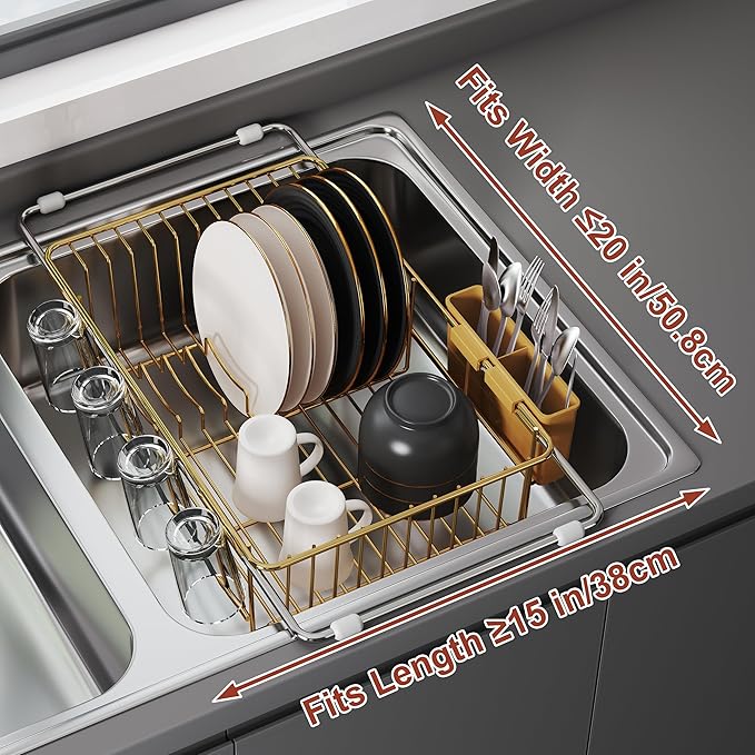 Sink Dish Drying Rack, Expandable Stainless Steel Dish Rack Over Sink, Kitchen Sink Drain Strainer with Cutlery Holder & Cup Holders, Space Saving Plates Dryer Rack, Gold