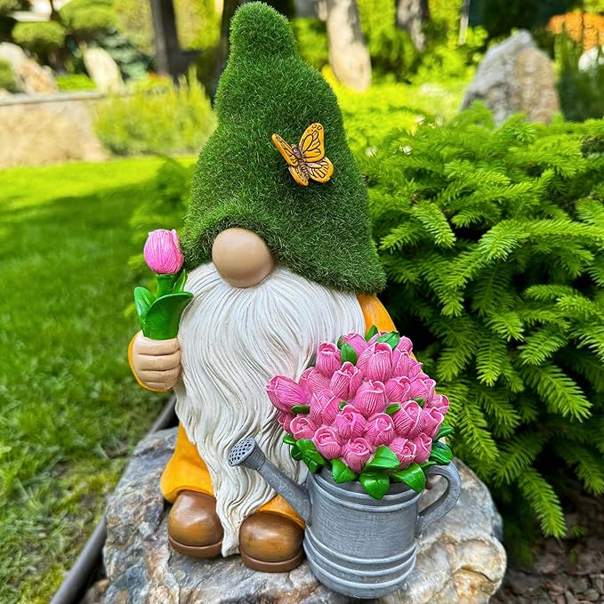 Mood Lab Garden Gnome - Solar Gnome Figurine with Tulips - 9.45 Inch Tall Flower Decor Outdoor Lawn Statue with LED Lights in Tulips