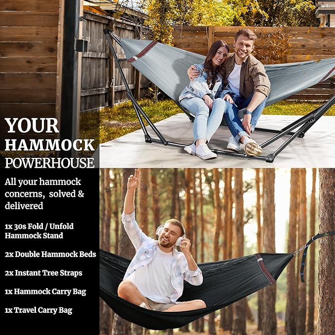 Tranquillo Combo x2 Hammocks with Stand for Outside & Tree Straps, Heavy Duty Hammock with Stand 600lbs for Indoor Outdoor Patio Backyard, x2 Hammocks for 2 Person, Portable Carrying Bags, Gray
