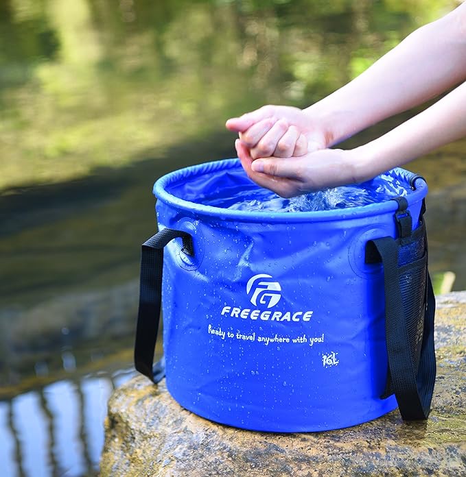 Premium Collapsible Bucket by Freegrace - Compact Portable Folding Water Container - Lightweight & Durable - Includes Handy Tool Mesh Pocket
