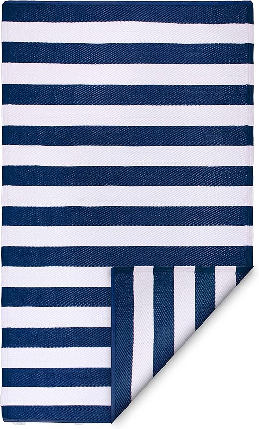 FH Home Outdoor Rug - Waterproof, Fade Resistant, Reversible - Premium Recycled Plastic - Striped - Porch, Deck, Balcony, Mudroom, Laundry Room, Patio - Brittany - Blue & White Crease Free - 3 x 5 ft