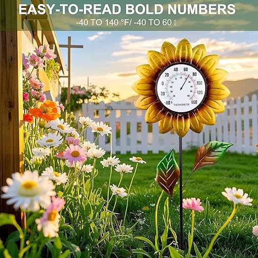 Sunflower Indoor Outdoor Thermometer - Large 35.8 * 12.6 Inch Wall & Stake Waterproof Decorative Easy-Read Outdoor Thermometers for Patio Garden Decor, No Require Batteries, Perfect Gifts
