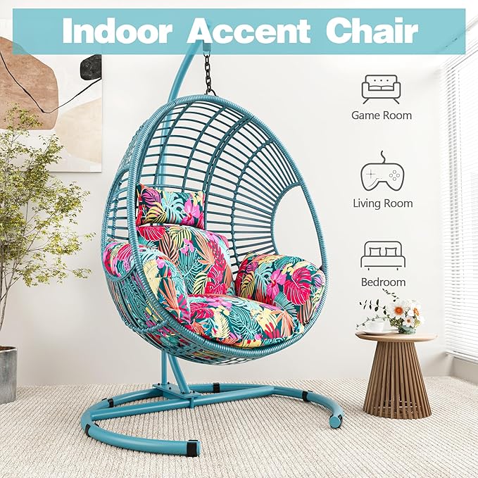 Oversized Hanging Egg Chair Outdoor Wicker Swing Chair with Stand Rain Cover UV Resistant Cushion 400lbs Capacity for Patio, Garden and Balcony