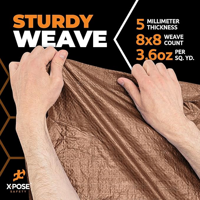 Multipurpose Protective Cover Brown Poly Tarp 12' x 12' - Durable, Water Resistant, Weather Resistant - 5 Mil Thick Polyethylene - by Xpose Safety