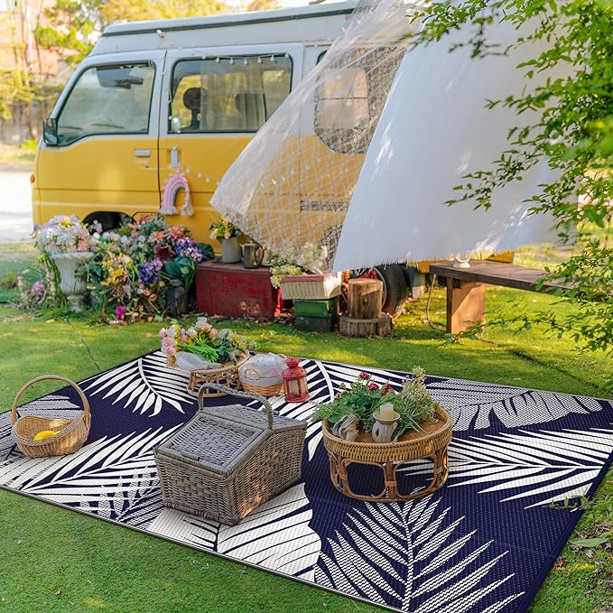 GENIMO Outdoor Rug 3' x 5' Waterproof for Patios Clearance, Reversible Outdoor Plastic Straw Camping Rug Carpet, Large Area Rugs Mats for RV, Camper, Deck, Balcony, Porch, Beach, Navy Blue&White