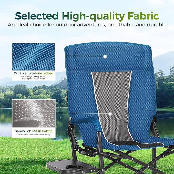 ALPHA CAMP Oversized Folding Camping Chairs High Backrest Reclining Director Heavy Duty Lawn Chairs for Adults Support 300 LBS Fishing Chairs with Large Side Table Cup Holders for Outdoor Fishing
