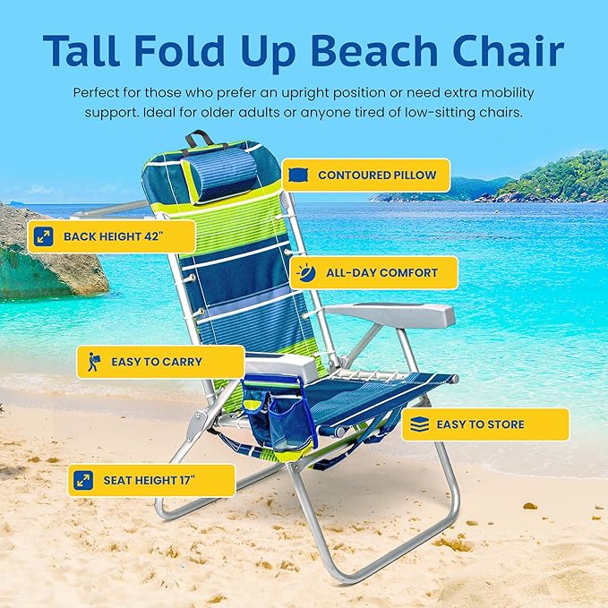 Homevative Backpack Fold-Up Beach Chair, 5 Positions, Towel bar, Cooler, Storage Pouch, Cup Holder and Phone Pocket