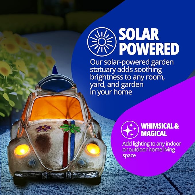 Exhart Garden Sculpture, Solar Retro Bug Garden Statue, LED Lights, Outdoor Garden Decoration, 6 x 13 x 7.5 Inch