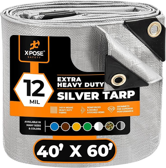 Heavy Duty Silver Poly Tarp 40' X 60' - Multipurpose Protective Cover - Durable, Waterproof, Weather Proof, Rip and Tear Resistant - Extra Thick 12 Mil Polyethylene - by Xpose Safety