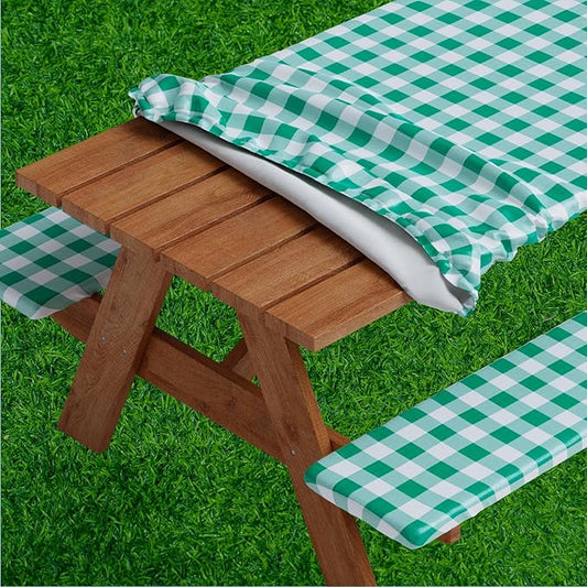 Sorfey Picnic Table Cover with Bench Covers -Fitted with Elastic, Vinyl with Flannel Back, Fits for Table 30"x 72" Rectangle,Water Proof, Checked Green Design