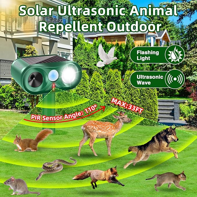 2025 2Pack Solar Ultrasonic Animal Repellent Outdoor Deer Repellent Devices with Motion Detection Waterproof Cat Repellent Outdoor Dog Raccoon Squirrel Rabbit Skunk Deterrents for Yard Garden Farm