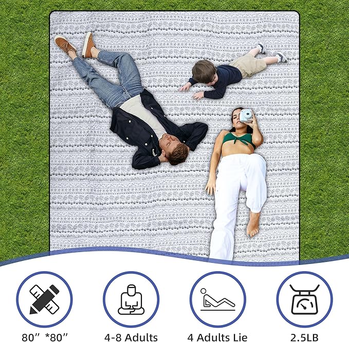 Outdoor Picnic Blanket White Fish 80"x80" Extra Large Sandproof Beach Blanket Waterproof Picnic Blankets Foldable for Caming, Beach, Outdoor Activities.