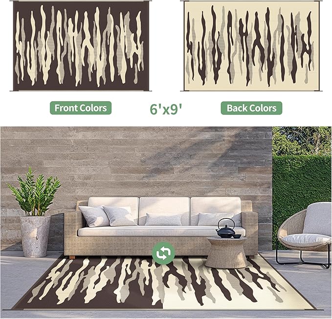 GENIMO Outdoor Rug for Patio Clearance, 6'x9' Waterproof Camping Mat, Reversible Plastic Straw Rugs for RV, Camper, Balcony, Backyard, Picnic, Deck (Coffee&Brown)
