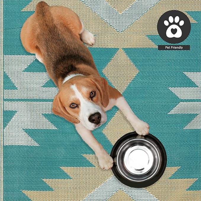 FH Home Outdoor Rug - Waterproof, Fade Resistant, Reversible - Premium Recycled Plastic - Geometric - Porch, Deck, Balcony, Mudroom, Laundry Room, Patio - Bursa Kilim - Teal Crease Free - 3 x 5 ft