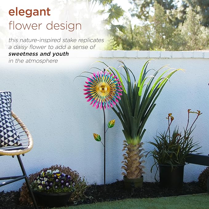 Alpine Corporation 47" Tall Outdoor Metal Windmill Triple Spinner Garden Stake Yard Decoration, Daisy