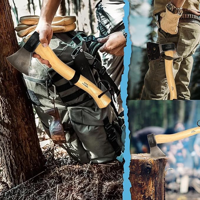 Prandi Axes German C45 Forged Carbon Steel Hatchet - Hickory Handle with Leather String - Ideal for Camping, Travel and Bushcraft - S/N 3.003.08.TH - 15" L x 6.42" W, 800g Polished Head, No Sheath