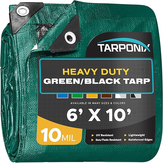 6' x 10' Dual-Sided Heavy-Duty Tarp – 10 Mil Tear-Resistant Green & Black Cover with Reinforced Edges and Anti-Rust Grommets