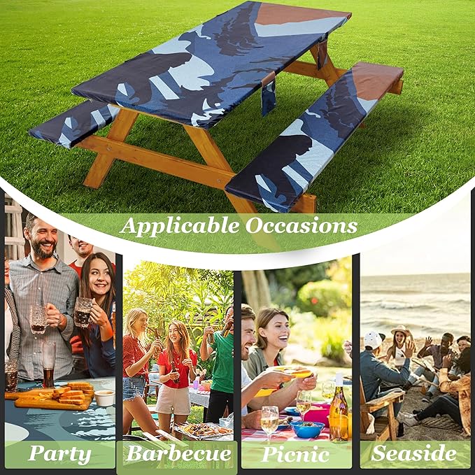 Fitted Picnic Table Cover with Bench Covers Waterproof Elastic Edges Rectangle Patio Tablecloth Outdoor Camping Essentials Stuff Rv Accessories Summer Trip Travel Supplies Party Camper Gifts, 6 ft