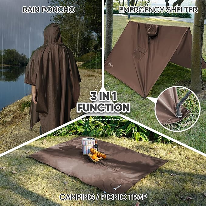 PTEROMY Hooded Rain Poncho for Adult with Pocket, Waterproof Lightweight Unisex Raincoat for Hiking Camping Emergency