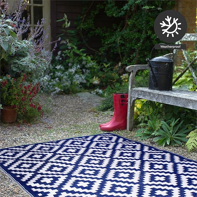FH Home Outdoor Rug - Waterproof, Fade Resistant, Reversible - Premium Recycled Plastic - Geometric - Patio, Porch, Deck, Balcony - Aztec - Blue & White Crease Free - 5 x 8 ft