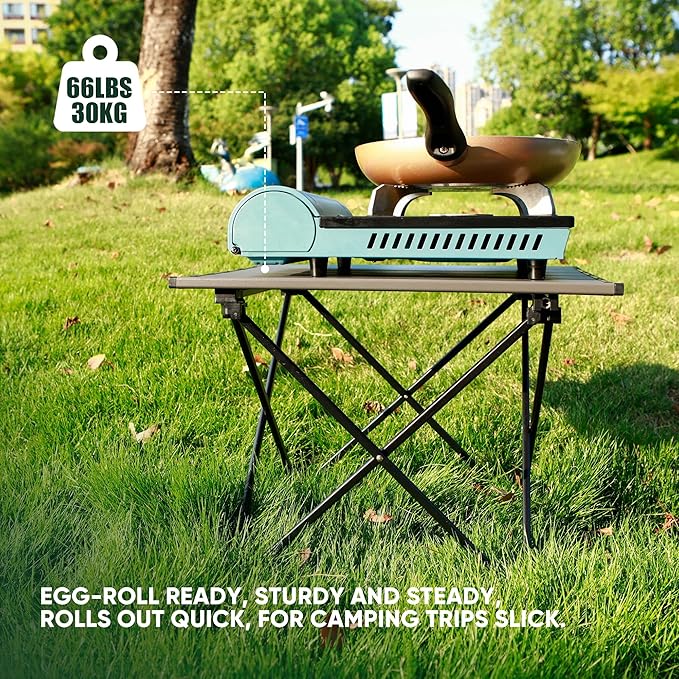 Portable Folding Camping Table, Small Compact Aluminum Beach Picnic Table, Lightweight Collapsible Outdoor Camp Tables That Folds & Rolls Up, Beach Gear Essentials Camp Accessories, Grey