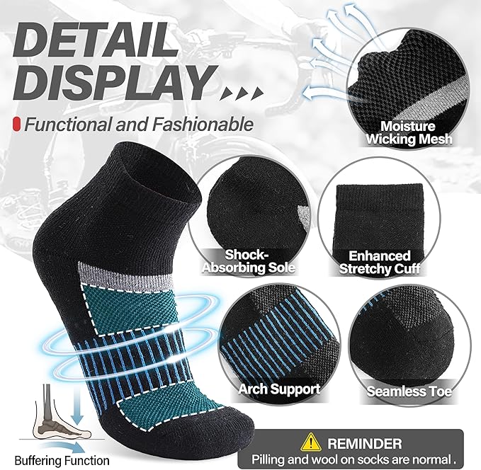 6 Pairs Merino Wool Ankle Running Hiking Socks Compression Support Breathable Thick Cushion No Show Socks for Women Men