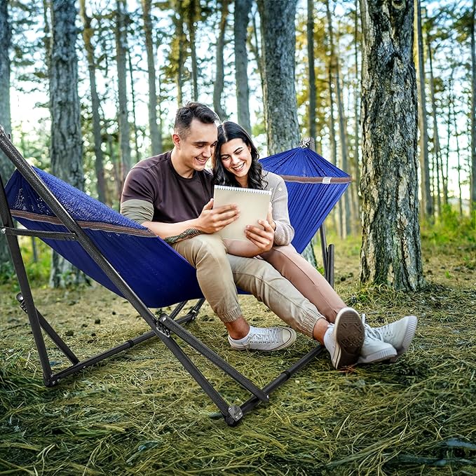 Tranquillo Universal Hammock 600 lbs Capacity, Instant 20s Foldable Hammock Stand, 3-Year Warranty Hammock with Stand, 2 Person Camping Hammock Revolutionary Portable, No Screws, Premium, Blue