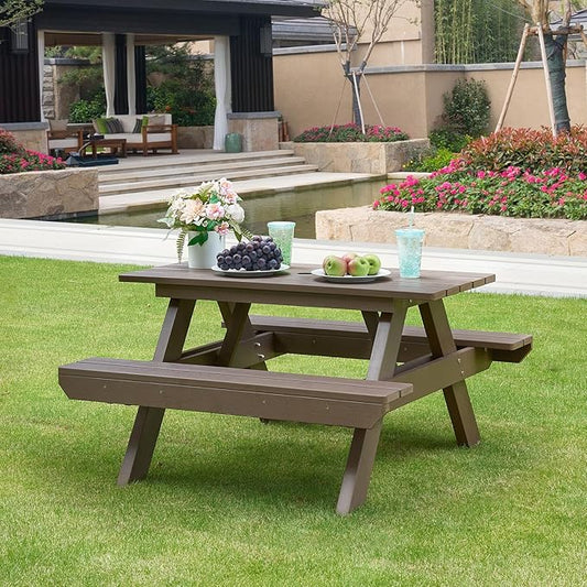 Psilvam Picnic Table - Heavy Duty Poly Lumber with Umbrella Hole & Integrated Benches, 100% Waterproof All-Weather for Patio, Garden (Brown)