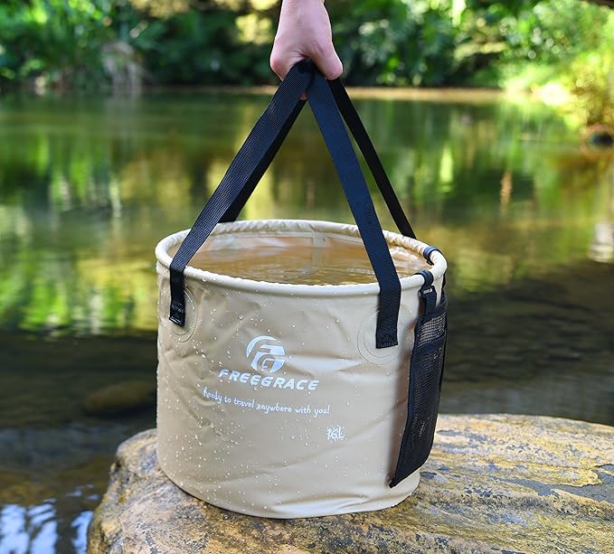 Premium Collapsible Bucket by Freegrace - Compact Portable Folding Water Container - Lightweight & Durable - Includes Handy Tool Mesh Pocket