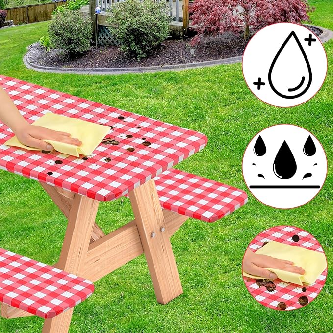 3 Pcs Set Fitted Picnic Table Cover with Bench Covers Vinyl Camping Table Cloth Flannel Backing for 6ft Tables Camping Outdoor (Red Checked, 30 x 72 Inches)