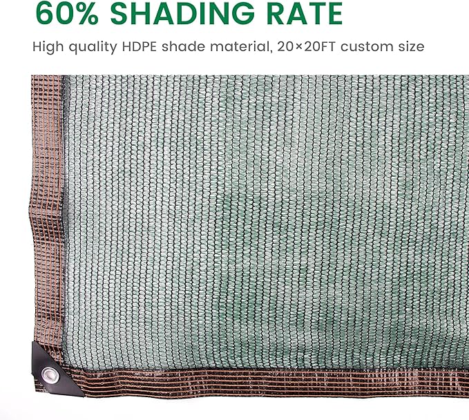 60% 20 X 20 FT Green Shade Cloth, Outdoor Woven Sun Shade with Grommets, Durable Breathable Netting Shading Antifreezing for Patio, Garden, DIY Home, Plants Cover, Greenhouse, Dog Kennel