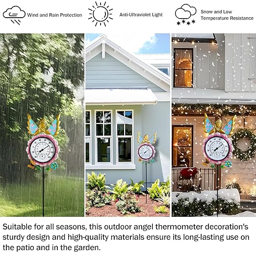 Outdoor Thermometer for Patio - Fairy Garden Stake Thermometer with Decorative Design - 44 inch Outside Temperature Gauge for Yard - Easy to Read, Durable & Weatherproof - Garden Decor