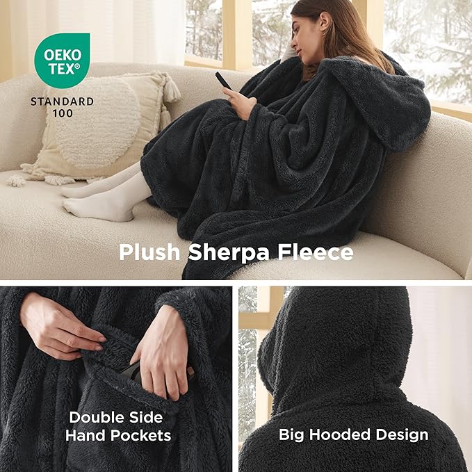 Bedsure Blanket Poncho for Women, Hooded Wearable Fleece Blanket for Adult, Winter Poncho Shawl Wrap Cape as Gifts for Mom