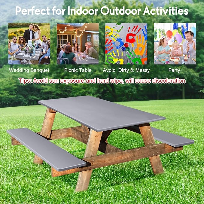 3 Pcs Picnic Table and Bench Fitted Tablecloth Cover for 6 Ft Table 30 x 72 Inch Vinyl Fitted Elastic Edges Waterproof Wipeable Tablecloth for Indoor Outdoor Travel Picnics Patio Camping (Grey)