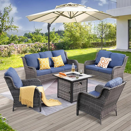 ovios 5 Pieces Patio Furniture Set with 30" Fire Pit Table, Outdoor Wicker Sofa with Loveseat, Comfy Cushions, High Back Couch Conversation Set, Grey Rattan, Denim Blue