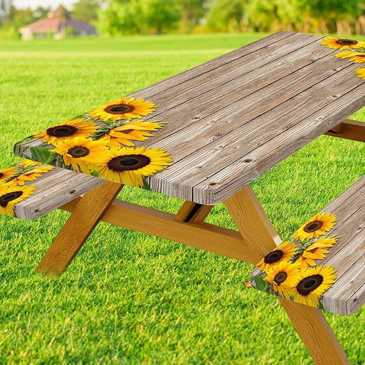 3 Pcs Sunflower Wooden Picnic Table Cover with Bench Covers,30X60 Inch Rustic Sunflower Waterproof Fitted Picnic Table Cloths Wood Texture Elastic Outdoor Picnic Tablecloth for Camping Patio Travel,2