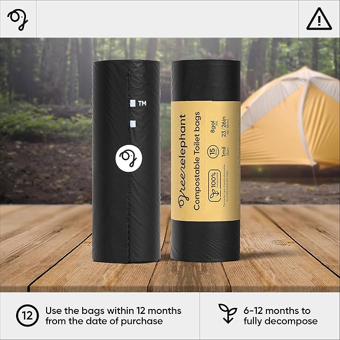 Green Elephant Portable Waste Bags – Camping Potty Liners, Biodegradable Sanitary Bags for 5 Gallon Bucket, Outdoor Use, 15 Count, 8 Gal (1 Pack)