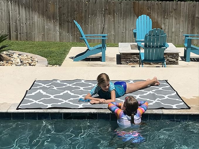 5x7 Gray Lattice RV Patio Mat w Carry Bag – Extra Thick 5mm Recycled Poly Rug – Waterproof, Reversible, Heavy-Duty – Premium Outdoor Mat Camping (Gray Lattice with Carry Bag, 5'x7')