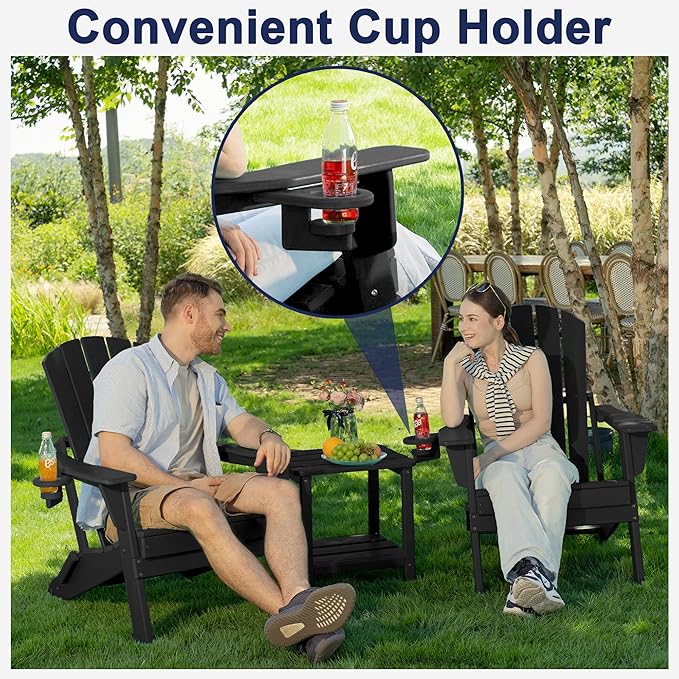 Folding Adirondack Chair Set of 4, Cup Holder，Wooden Textured ，Heavy All-Weather HDPE Comfortable Set Poolside Backyard Lawn Black