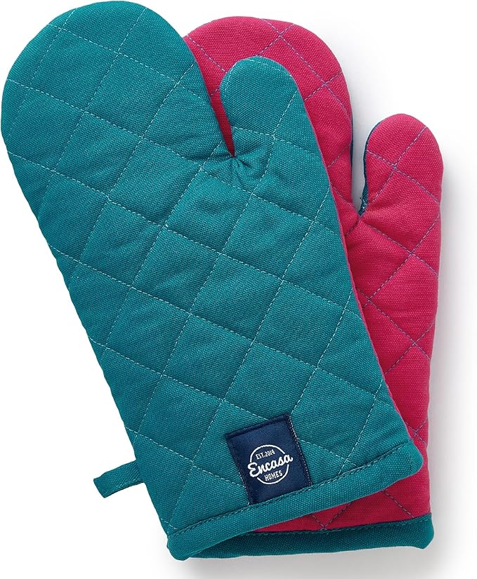 Encasa XO Heat Resistant Cotton Oven Gloves Mitts (2 Pc Set) - Quilted & Safe 12x7 in - for Kitchen, Cooking & Baking, Grilling, Handling Hot Pots & Pans - Azul Blue