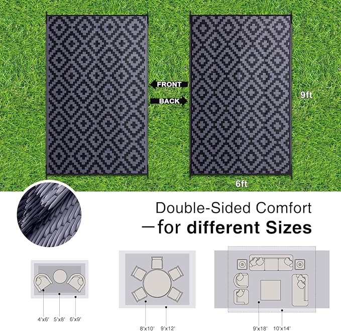 OLANLY Waterproof Outdoor Rug 6x9 ft, Outdoor Plastic Straw Rug for Camping, RV Mat Outside, Indoor Outdoor Carpet for Porch, Deck, Backyard, Balcony, Picnic, Black & Grey