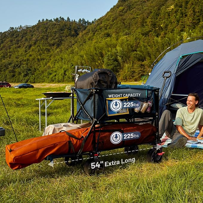 TIMBER RIDGE 400L Large Capacity Folding Double Decker Wagon with Brakes, 54" Extra Long Extender Wagon Cart, 450lbs Heavy Duty Collapsible Cart, All-Terrain Big Wheels for Camping, Sports, Shopping