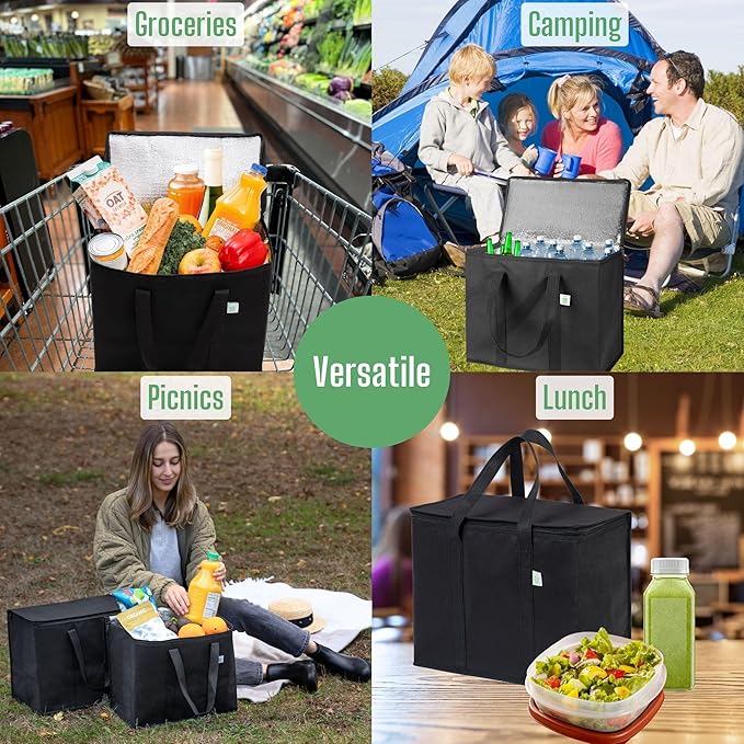VENO 2 Pack Cooler Bags - Insulated for Food Delivery, Collapsible and Reusable Shopping Bags with Zipper, Foldable, Heavy-Duty, Stands Upright - Ideal for Groceries (Black, 2 Pack)