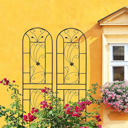 Metal Garden Trellis Rustproof Trellis for Climbing Plants Outdoor Flower Support Peacock Style (Black-2 Pack, 86.7"x19.7")