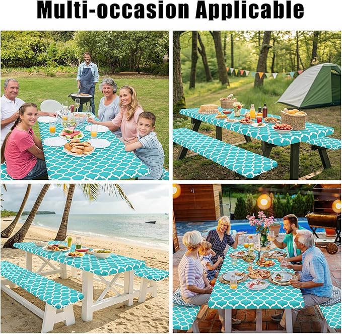Smiry Picnic Table Cover with Bench Covers, Waterproof Elastic Fitted Tablecloth for 8 Foot Tables, Washable Polyester Tablecloths for Camping, Indoor & Outdoor (Teal Morocco, 30x96 Inch 3-pc Set)