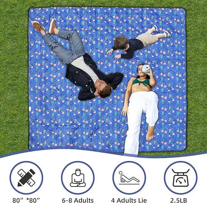 Outdoor Picnic Blanket Blue Floral 80"x80" Large Sandproof Beach Blanket Waterproof Picnic Blankets Foldable for Caming, Beach, Outdoor Activities.