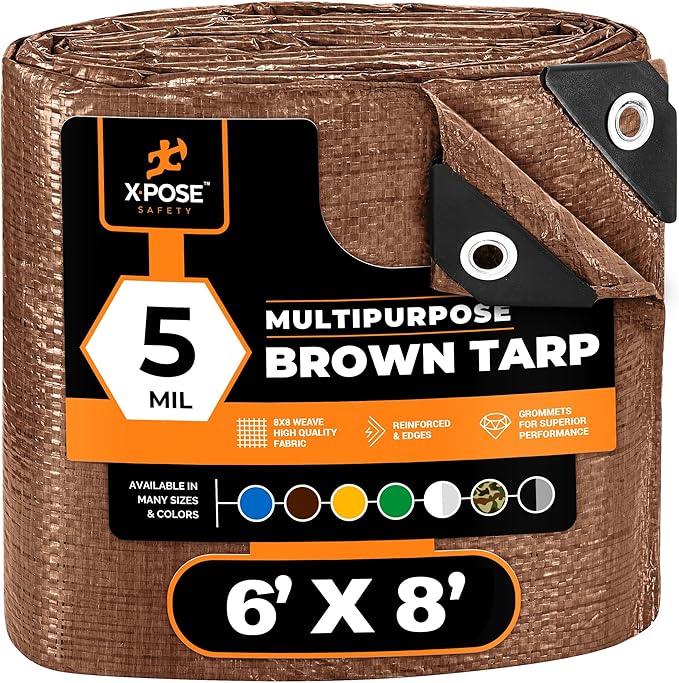 Multipurpose Protective Cover Brown Poly Tarp 6' x 8' - Durable, Water Resistant, Weather Resistant - 5 Mil Thick Polyethylene - by Xpose Safety