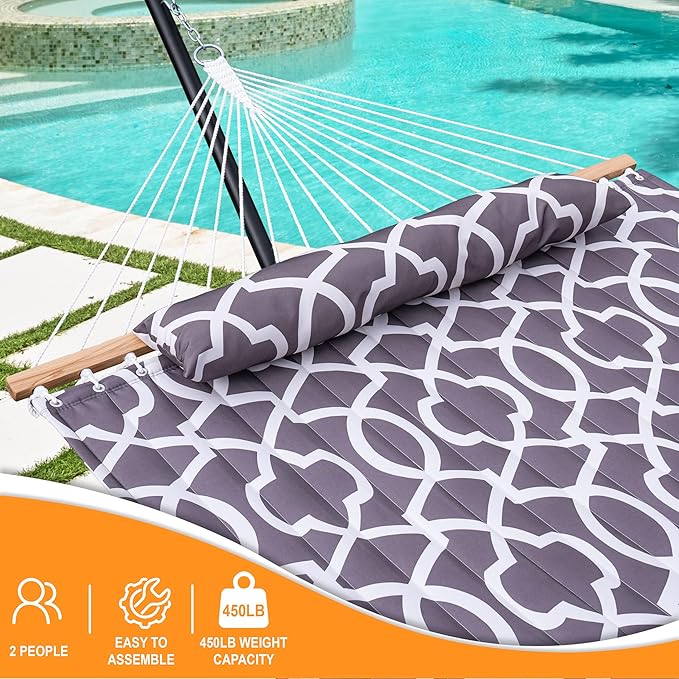 Lazy Daze Quilted Fabric Hammock with 12-Foot Stand, Double 2-Person Hammock with Pillow for Outdoor Outside Patio, Garden, Backyard, 450LB Capacity, Gray Print